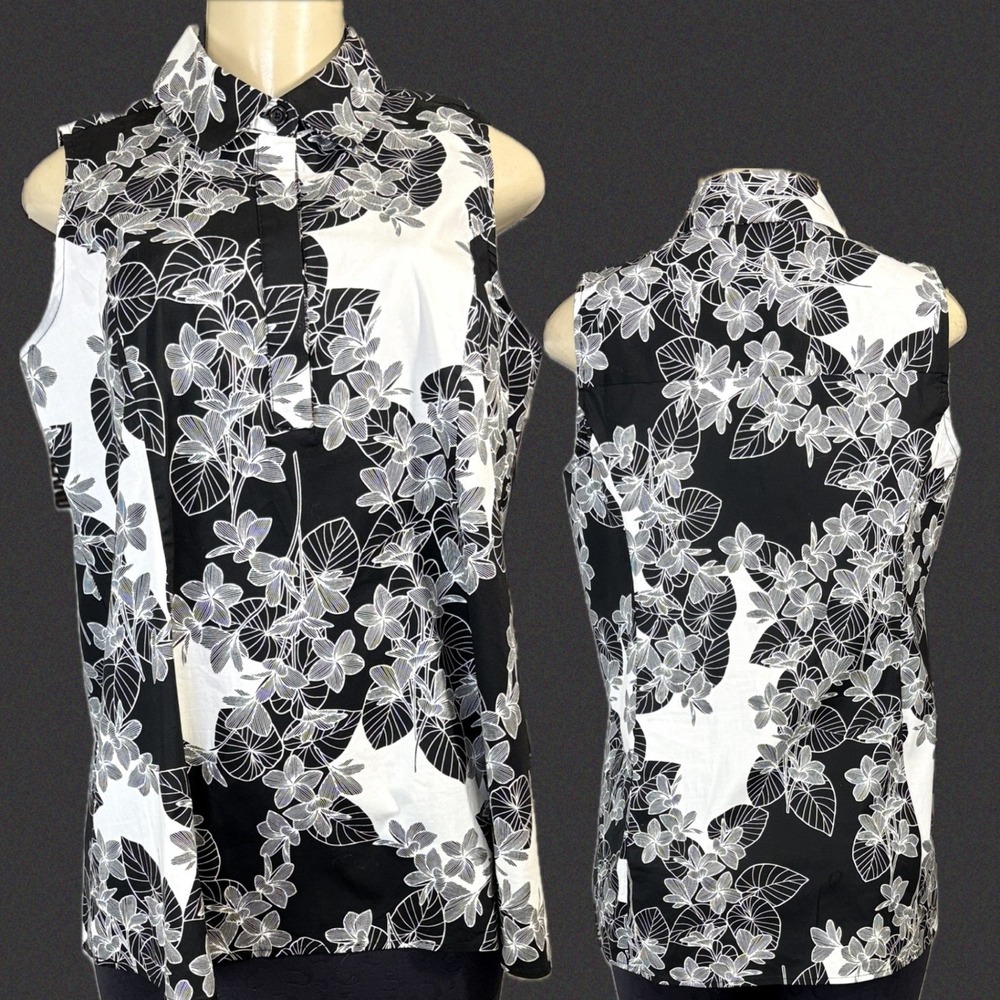 Jessica London 12W Black White Floral Sleeveless Button Placket Collar Shirt